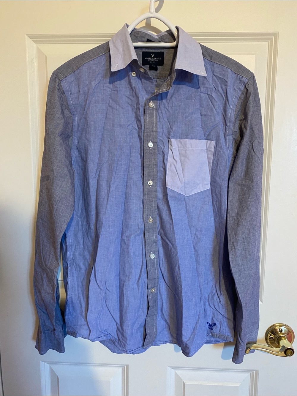American Eagle Outfitters blue gray colorblock slim fit button up shirt, mens S